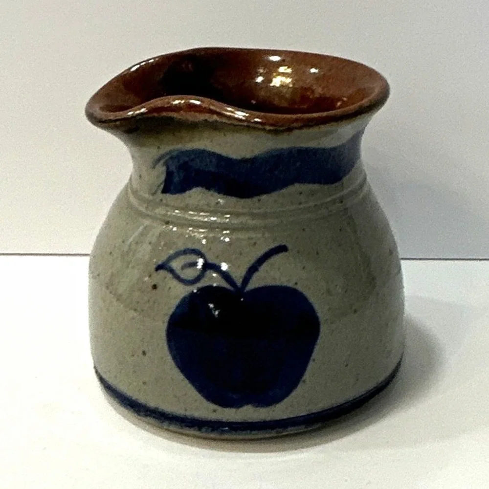 Stoneware Apple Pattern Creamer Gray Blue Brown Glossy Pottery 4 inch